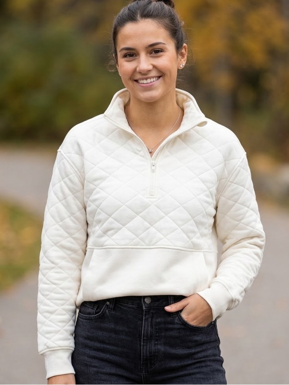 Tilled Cream/Ivory/ Diamond Quilted Half-Zip Pullover Sweatshirt Women’s Size M